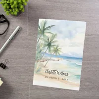 Beach palm trees ocean waves name script pocket folder