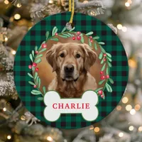 Green & Black Plaid Dog Photo Christmas Wreath Ceramic Ornament