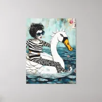Woman in a Zebra Striped Outfit Floating on a Swan Canvas Print