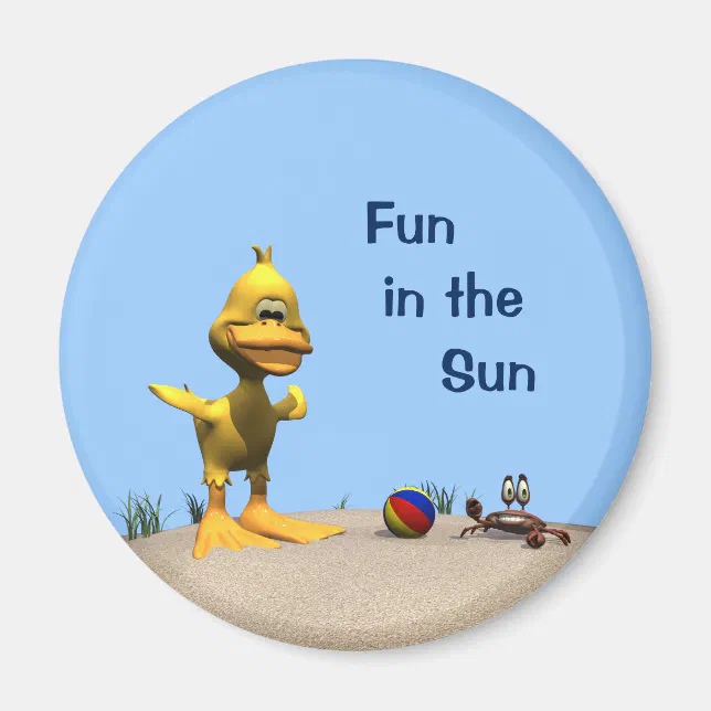 Cute Cartoon Duck and Crab on Beach Magnet