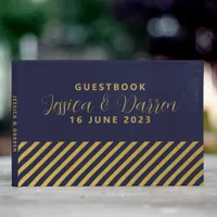 Classy Navy Blue Gold Foil Stripes Wedding  Guest Book