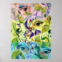 Handpainted Elegant Feminine Eyes Colorful Leaves  Poster