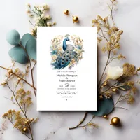 Gray, Peacock Blue and Gold Floral Winter Wedding Invitation