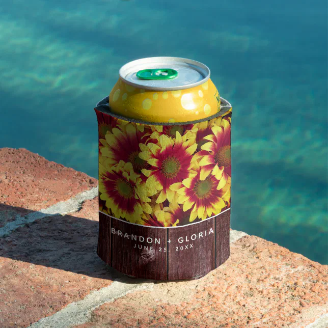 Rustic Autumn Sunflowers on Fence Wedding Can Cooler