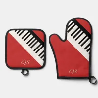 Piano Keys Cherry Red Music Keyboard Monogrammed Oven Mitt & Pot Holder Set