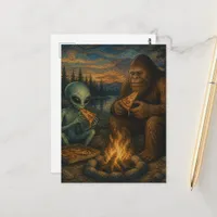 Sasquatch and an Alien Eating Pizza at Campfire Postcard