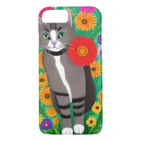 Whimsical Gray and White Cats and Red Flower iPhone 8/7 Case