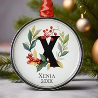 Monogram Initial Letter X Berry Wreath Christmas Metal Ornament