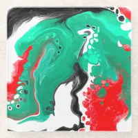 Red, Green, Black and White Marble Fluid Art    Glass Coaster