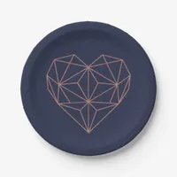 Chic Navy Blue and Rose Gold Foil Geometric Heart Paper Plates