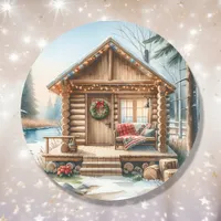 Tiny Home Log Cabin in the Winter Woods Christmas Classic Round Sticker