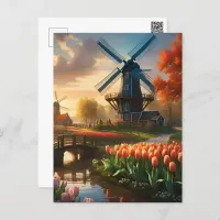 Windmill in Dutch Countryside by River with Tulips