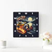 Classic hot rod racing under a luminous full moon square wall clock