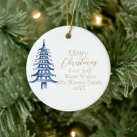 Merry Christmas Blue Pagoda Christmas Tree 1-Photo Ceramic Ornament