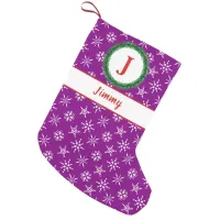 Wreath Monogram Your Name Purple White Snowflakes Small Christmas Stocking