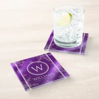 Festive Purple Foil Snowflakes Monogram Name Glass Coaster
