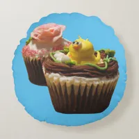 Chocolate Cupcakes Bird & Rose Round Throw Pillow