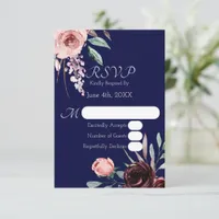 Navy Blue and Burgundy Floral Wedding RSVP Card