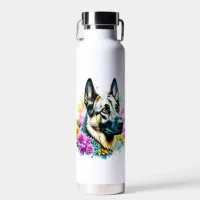 German Shepherd Mom Pink and Yellow Flowers Water Bottle