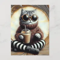 Adorable Cat With Coffee Drink Postcard