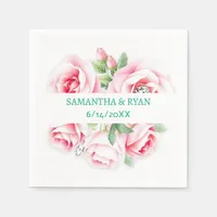 Pink Roses & Green Foliage Wedding Personalized Napkins