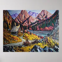 Cabin by the Lake Oil Painting Poster