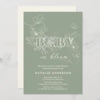 Sage Green Script Flower Butterflies Baby In Bloom Invitation