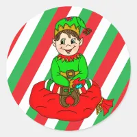 Christmas Elf sitting on Santa's Toy Bag  Classic Round Sticker