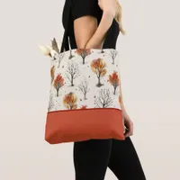 Cozy Autumn Trees Botanical Print Color Block Tote Bag