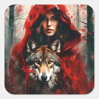 Fairytale Woman and a Wolf  Square Sticker