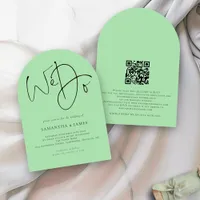 We Do Script QR Code Celadon Green Wedding Arch Invitation