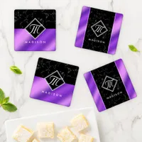 Elegant Black Marble & Purple Foil Monogram Coaster Set