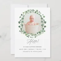 Watercolor Greenery Birth Announcement Photo Card
