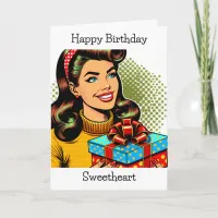 Happy Birthday | Retro Pop Art Woman Holding Gift Card