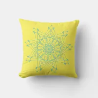 Light Teal and Yellow Sharp Mandala Throw Pillow