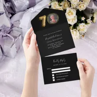 70th birthday black gold photo rsvp all in one invitation