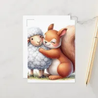 Adorable Squirrel Hugs a Sheep Postcard