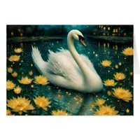 Swan and Yellow Flowers in a Pond