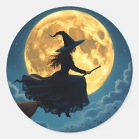 Wicked Halloween | Witch on Broom with Full Moon Classic Round Sticker