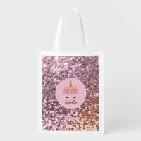 Pink Unicorn Floral Glitter Monogram Grocery Bag