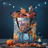 Pink and Blue Halloween Pumpkin Personalized Tote Bag