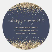 Gold Glitter Happy New Year Name Address Navy Classic Round Sticker