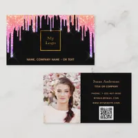 Black pink purple photo QR code glitter drips Business Card