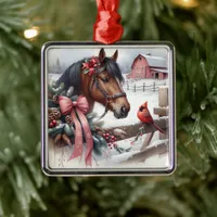 Brown Christmas Horse and Cardinal  Metal Ornament