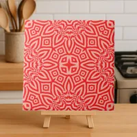 Radiant Red & Peach Kaleidoscopic Mandala Pattern Ceramic Tile