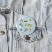 Lots of colorful parakeets - cute little birds    button