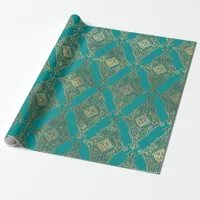 Turquoise and Gold Damask Pattern Wrapping Paper