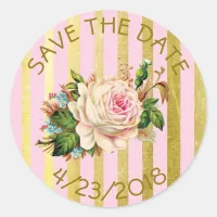 Save the Date Pink Gold Flower Striped Stickers