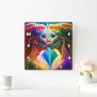 Colorful Dual Portrait of Women With Vibrant Hair Square Wall Clock