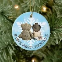 Baby's First Christmas Cowboy and Teddy Bear Ceramic Ornament